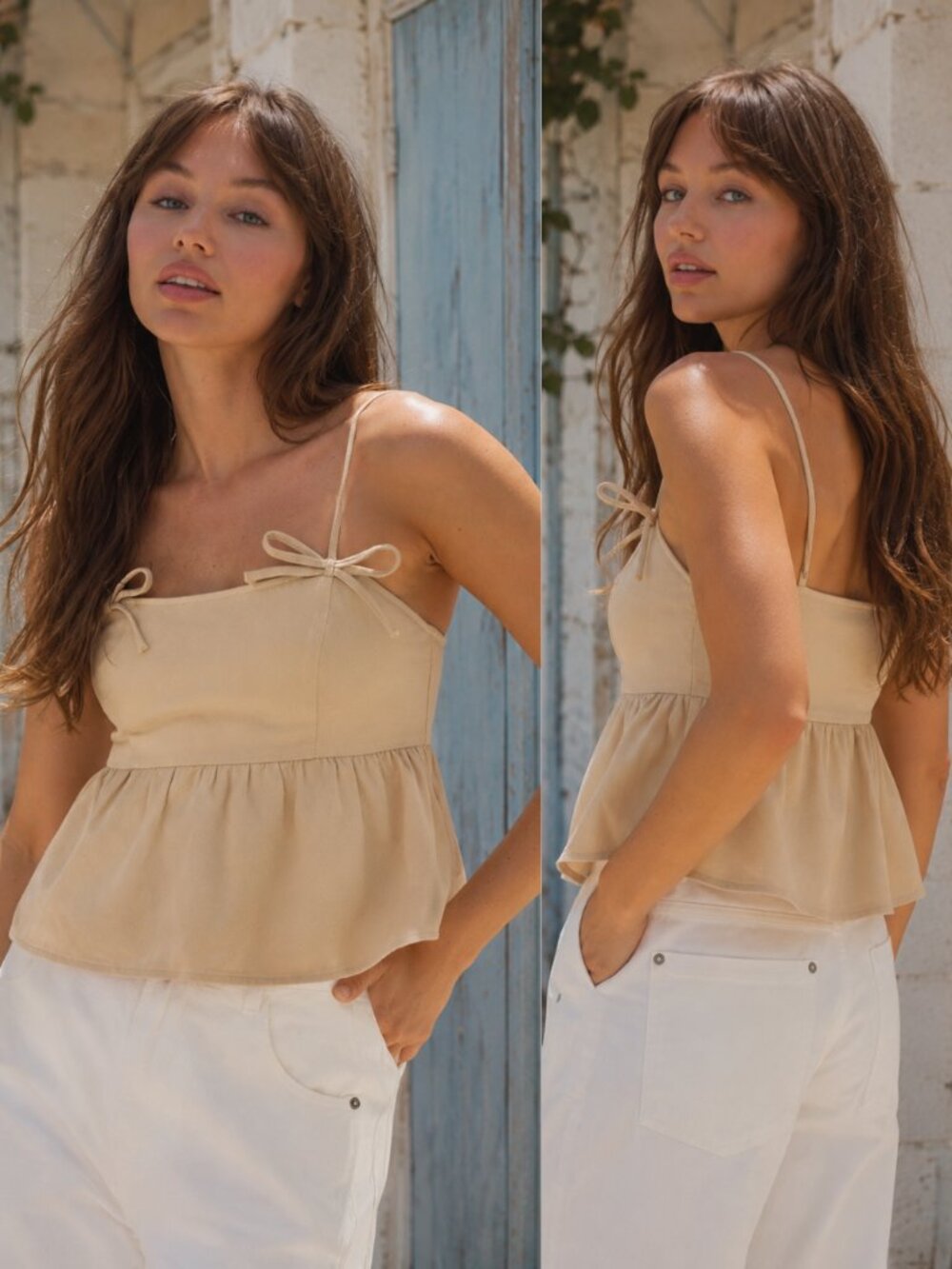 Iris Bow Detail Cami Top | Women's Tan Strappy Tank | Beige Neutral Fashion